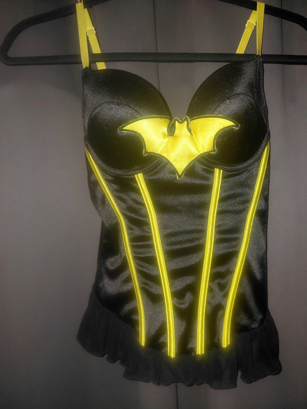 Black Satin Batman Bustier with Yellow Bat Detail